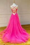 Hot Pink A Line Evening Dress Dance Dress Tulle Prom Dresses Long Formal Dress