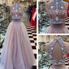 Charming Princess High Neckline A-line Two Pieces Beaded Tulle Prom Dresses - Bohogown