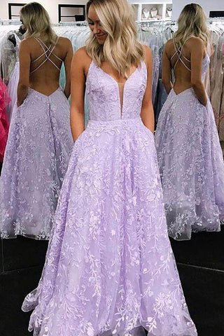 Lilac Straps A-Line Lace Appliques Long Prom Dress With Pockets