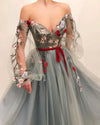 A Line Tulle Off The Shoulder Long Sleeves Long Prom Dress With Flowers