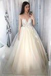 Lace Appliqued Tulle Long A-line Prom Dress Sheer Neck Wedding Dress N1297