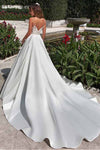Charming Sheer Neckline A-line Lace Appliques Satin Wedding Dress With Pockets N1338
