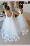 Long Tulle Flower Girl Dress With Pearls, Puffy Custom Made Kids Dress With Flowers F044