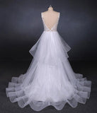 Unique V Neck Sleeveless Tulle Wedding Dress Asymmetrical Long Bridal Dress N2290