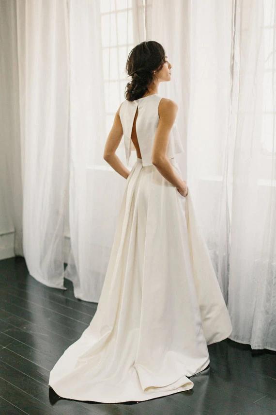 Cheap A Line Two Pieces High Low Satin Wedding Dress Jewel Bridal Dress N2593