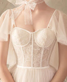 Unique Tulle Lace Long Wedding Dress, Ivory Short Sleeves Lace Up Back Bridal Dress N2585