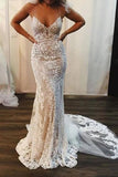 Spaghetti Strap Mermaid Wedding Dress Lace Applique Bridal Dress With Long Train N2067