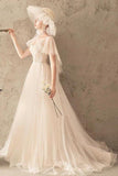 Ivory Unique Tulle Lace Long Wedding Dress Short Sleeves Lace Up Back Bridal Dress N2585