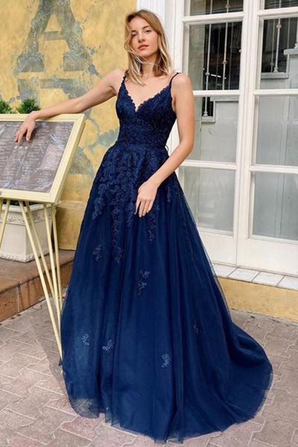 Navy Blue Lace V-Neck A-Line Spaghetti Straps Tulle Appliques Long Evening Gowns Prom Dress