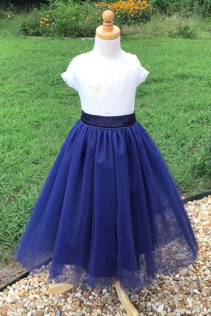 Blue Tulle Long Flower Girl Dress with Lace Top, Cute Flower Girl Dress with Short Sleeve F052