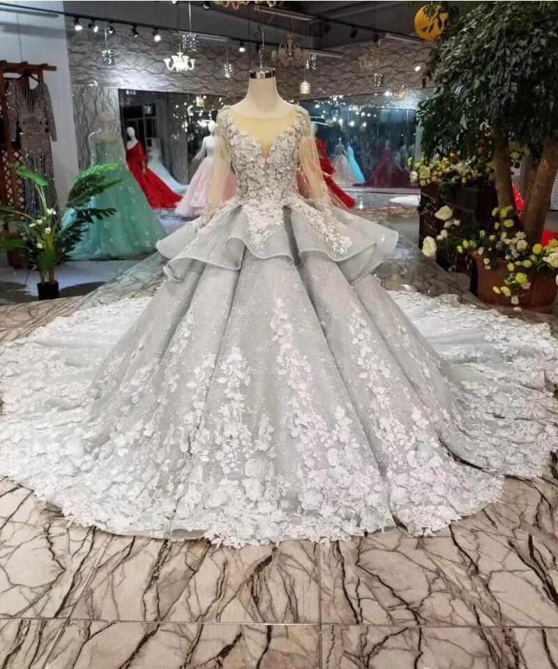 See Through Bodice Big Wedding Dress With Flowers Long Sleeve Quinceanera Dress N1282