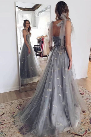 Grey Tulle A-line Elegant Lace-Up Back Sweetheart Long Prom Dress