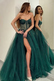 Sweetheart A Line Tulle Green Long Prom Dress Formal Evening Dress