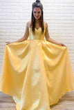 Yellow Satin A Line Simple Spaghetti Straps Formal Evening Dress Long Prom Dress