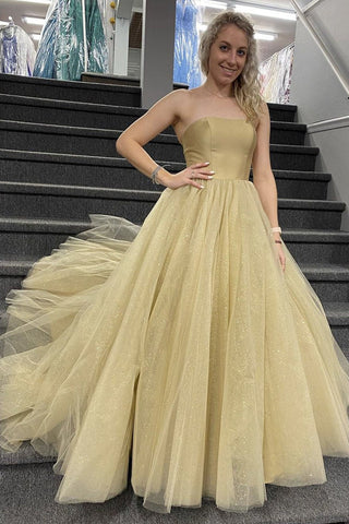 A Line Shiny Prom Dresses Strapless Tulle Long Formal Evening Dress