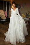 A Line Long Sleeves V Neck Beach Wedding Dress, Elegant Long Bridal Dress N2552