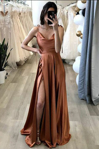 Brown Simple A Line Evening Party Dress Long Prom Dress With Split
