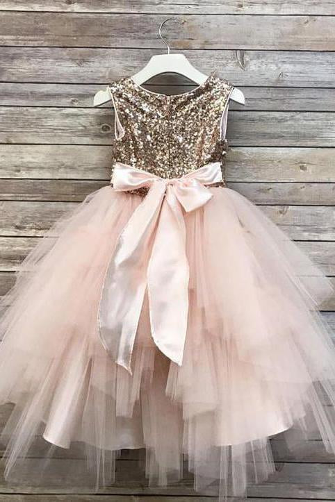 Princess A Line Sequin Round Neck Cute Tulle Baby Flower Girl Dress, Sparkly Dress F055