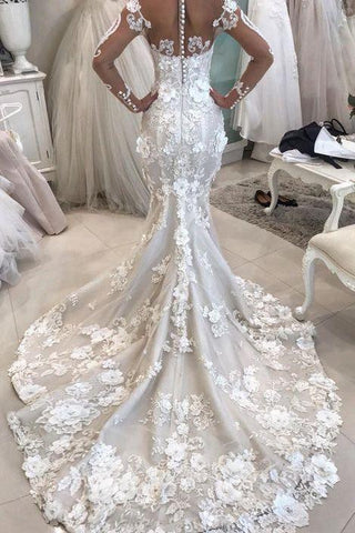 Stunning Long Sleeves Appliqued Mermaid Wedding Dress With Long Train N1797