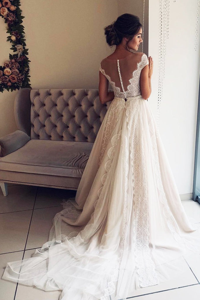 A-Line Scalloped-Edge Lace Wedding Dress With Sheer Back, Ivory Tulle Bridal Dress N1766