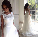 Scoop Sleeveless Tulle Sweep Train Beach Wedding Dress With Lace Top,Bridal Gown,N387