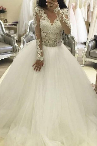 Ball Gown Long Sleeves V Neck Tulle Wedding Dress, Princess Long Bridal Dress With Lace N2081