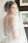 Romantic Illusion Back Lace Wedding Dress With Satin Skirt With Long Sleeves N1469