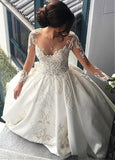 Attractive design Sheer Neck Long Illusion Sleeve Satin Wedding Dress With Appliques N652