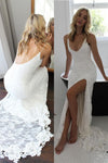 Spaghetti Straps Lace Wedding Dress with Side Slit, Long Backless Lace Bridal Dresses