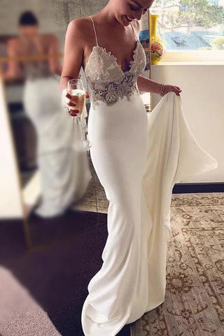 Sexy Spaghetti Straps Mermaid Wedding Dresses, Long Beach Wedding Dress with Lace N1789