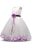 White Ball Gown Sleeveless Long Flower Girl Dress With Purple Flowers Sash F064