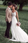 Romantic Off White Sheer Neck Cap Sleeve Chiffon Bridal Dress With Lace Applique,N653