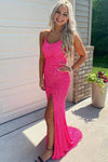 Sparkly Hot Pink Mermaid Sequined Evening Gown Sleeveless Long Prom Dress With Split
