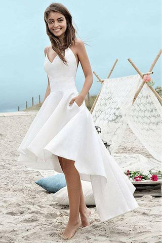 Simple Spaghetti Straps V-neck High Low Short Prom Dress Beach Wedding Dress N562