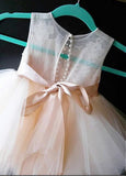 Cheap Tulle Flower Girl Dress with Lace, Cute Flower Girl Dress With Bow Belt F050