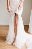 Mermaid Lace Deep V-neck Sleeveless Long Tulle Beach Wedding Dress Bridal Gown N527