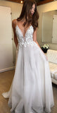 Deep V-neck Spaghetti Straps Lace Appliqued Beach Wedding Dress N215