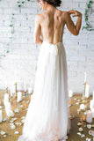Backless Deep V-neck Sweep Train Beach Wedding Dress With Straps N24