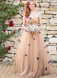 A-line Strapless Floor-length Ruched Tulle Wedding Dresses With Flowers N492