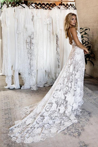 Spaghetti Straps Backless Lace Wedding Dresses, Lace Boho Wedding Dress N2212