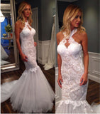 Mermaid Halter Sleeveless Tulle Wedding Dress with Lace Appliques Long Bridal Dress N944