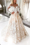Champagne Lace See Through Tulle Neckline Long Sleeves Wedding Dress N1116