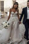 Boho Sweetheart Tulle Long Beach Wedding Dresses, Charming Appliques Bridal Dress N1515