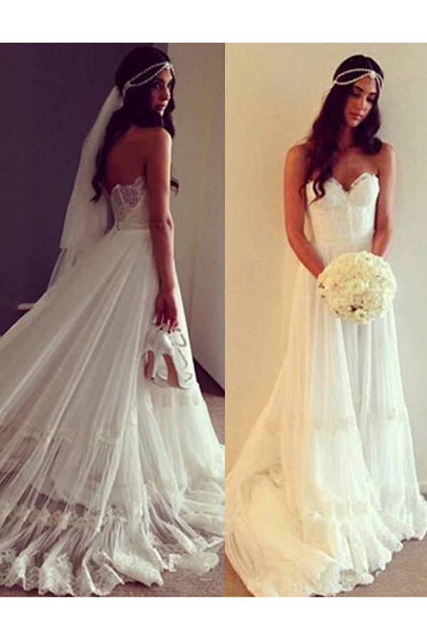Boho Sweetheart Lace Appliques A Line Ivory Wedding Dress, Beach Wedding Dress N2087
