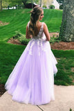 Appliques Tulle A Line Lilac Evening Formal Gowns V Neck Long Prom Dress
