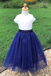 Blue Tulle Long Flower Girl Dress With Lace Top, Cute Flower Girl Dress with Short Sleeve F052