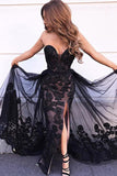 Black Sweetheart Appliques Lace Sequins Long Prom Dress With Split Evening Dress
