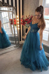 A Line Blue Tulle Lace Long Prom Dress Appliques Formal Evening Dress