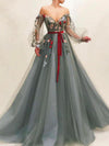 A Line Tulle Off The Shoulder Long Sleeves Long Prom Dress With Flowers