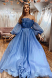 Blue Organza A Line Formal Evening Dress Long Sleeves Strapless Prom Dress